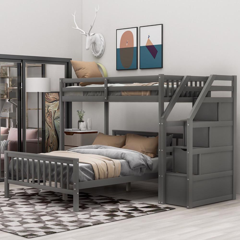 2-Tier Twin Over Full Bunk Bed Frame Loft Bed With 3