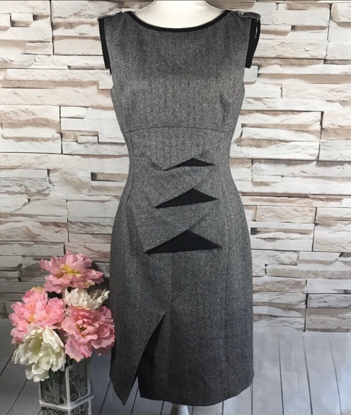 Vintage Karen Millen Grey Herringbone Tweed Dress Size 14 eBay