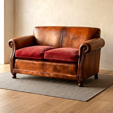 Tetrad Brown Leather 2 Seater Sofa Scroll Arms Nailhead Trim Red Cushions