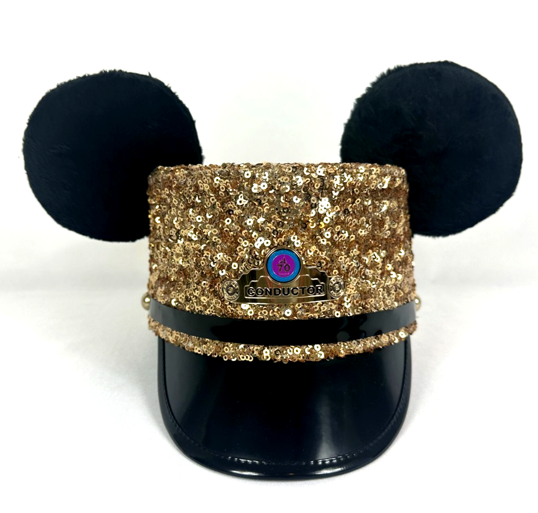 Disney Gold Sequin Conductor Hat with Black Ears Disneyland 70th Anniversary Sequins Mickey Ears Gold  main image 2
