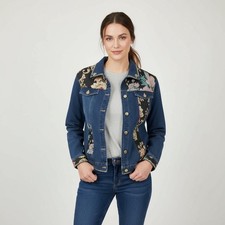 Chico's Size 8/10 Embellished Denim Jacket Blue Floral Embroidered Western
