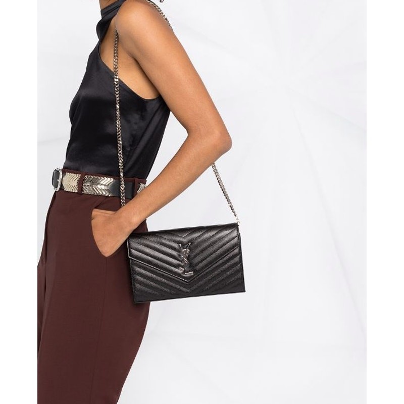 NUOVO PORTAFOGLIO SAINT LAURENT YSL NERO GRANDE PELLE CATENA WOC BAG SCATOLA AUTENTICA