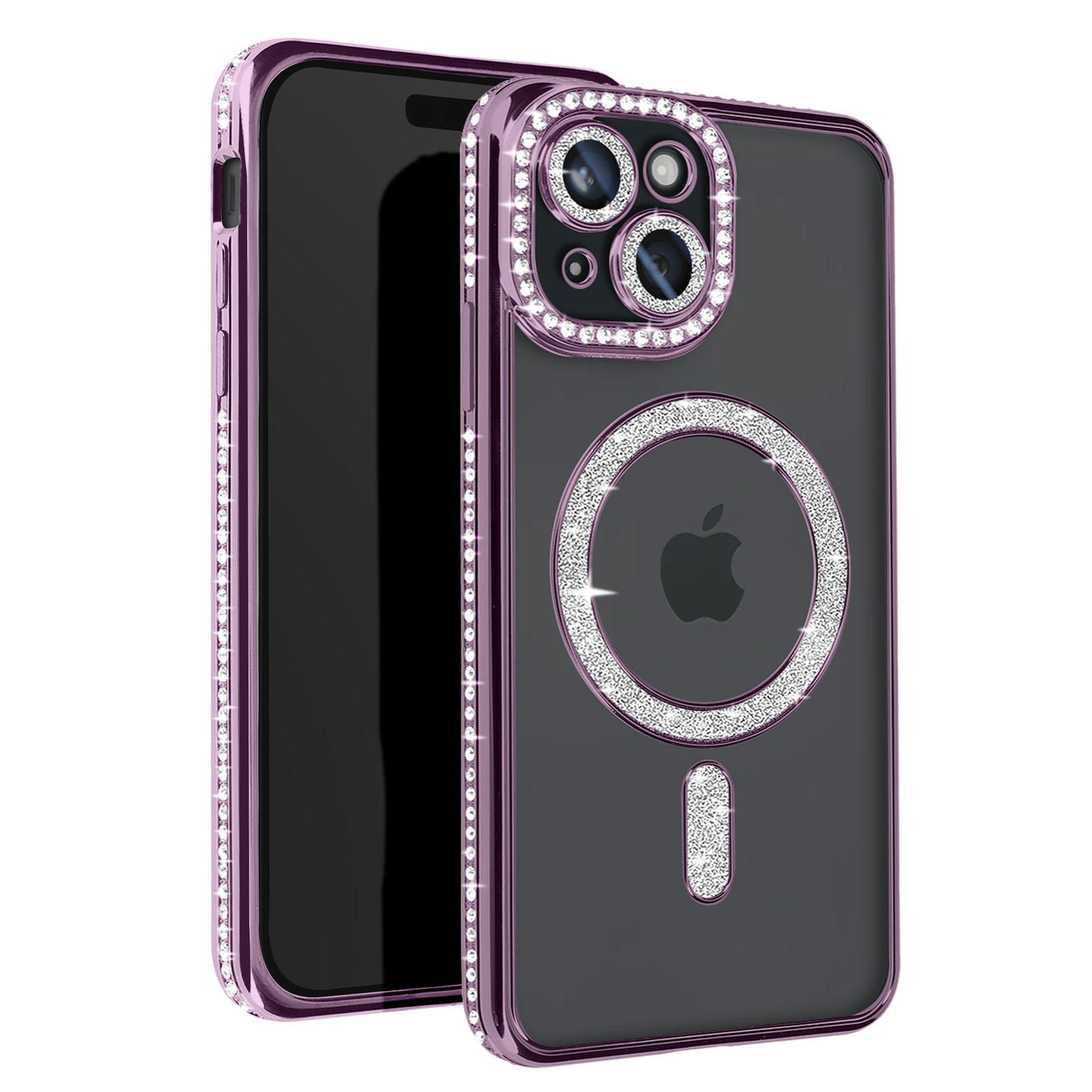Coque iPhone 15 de luxe avec strass en cristal violet marque Avizar