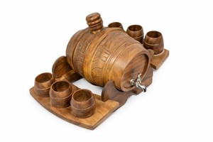 Vintage Wooden Barrel Drink Dispenser w/ Spigot & 6 Cups Rustic Barware