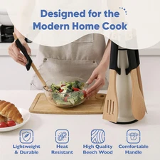 Wooden Cooking Utensils Set – 5-Piece Beech Wood Kitchen Utensils Set with Si...