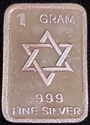 1 Gram .999 Fine Silver Art Bar Ingot. Star Of David. Fun Way Dip Into Investing