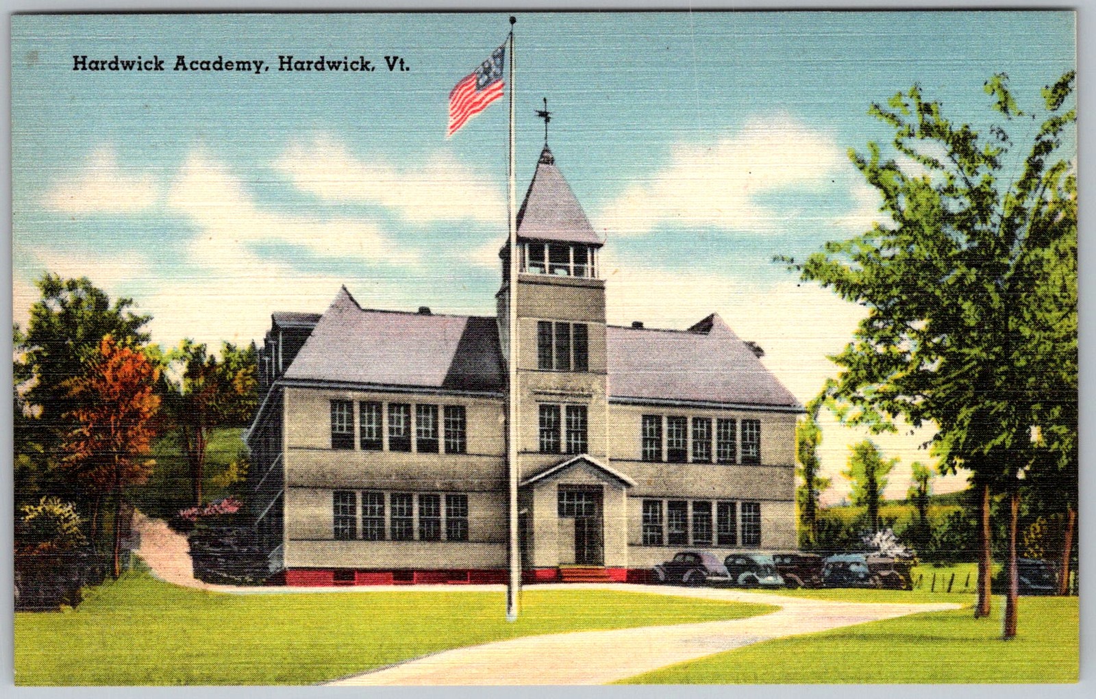 Vtg Linen Postcard Academy School Building Tower Hardwick, VT 1930s