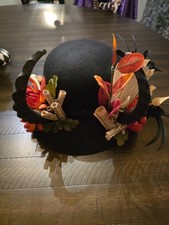 NEW Womens Black Bowler Derby Hat w/ Horns Fall Flowers Halloween Costume