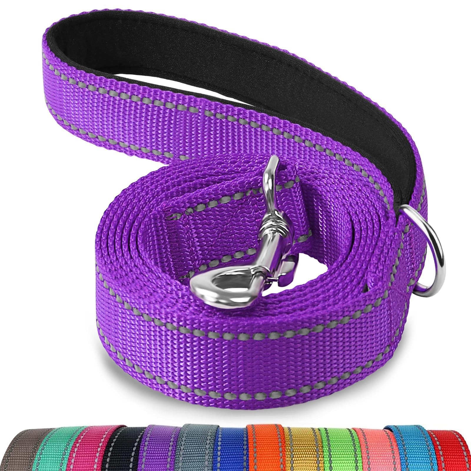 Padded Handle Dog Lead Double Sided Reflective Nylon Leads for Training Walking