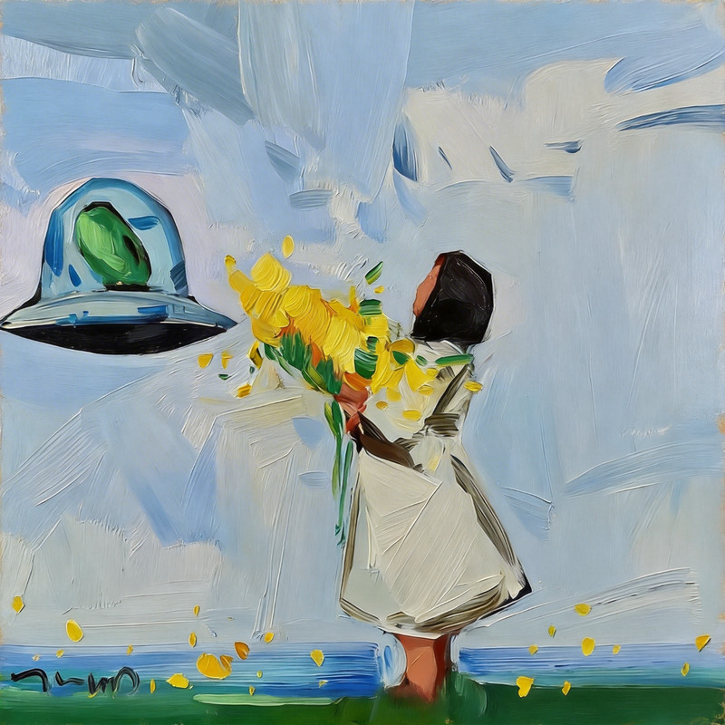 Young Girl UFO Flowers PRINT of Oil Painting by Artist Jose TRUJILLO 16x16