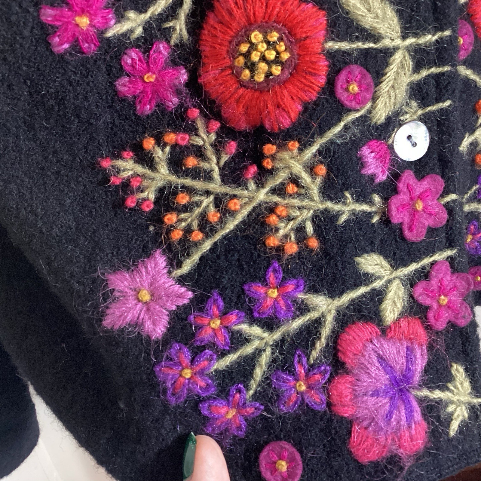 Eagles Eye Vtg Floral Embroidered Granny Cardigan L 100% Wool Dark Cottagecore