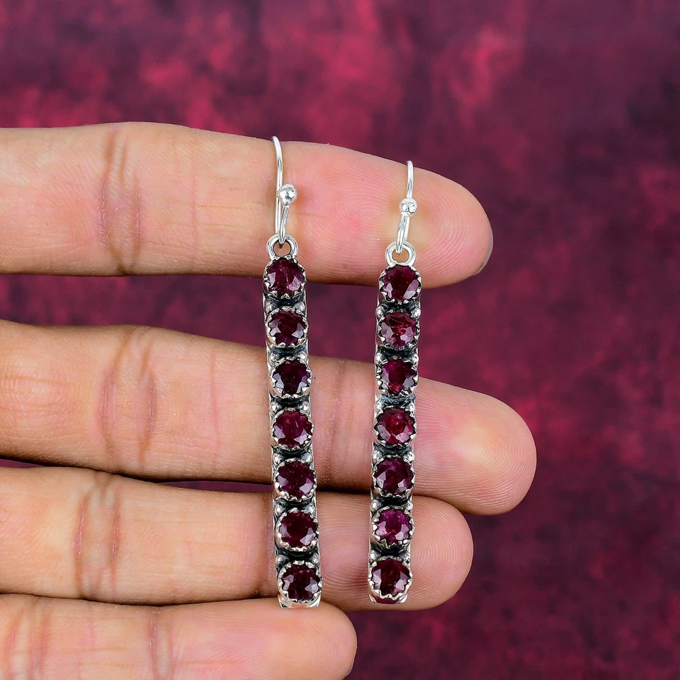 Lab-Created Ruby Gemstone Handmade 925 Sterling Silver Jewelry Earrings - Image 4 of 4