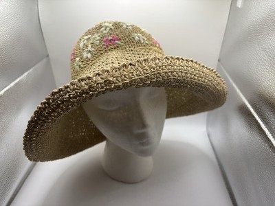 Straw Floppy Sun Hat Womens OS Tan Flowers Vintage Beach Vacation