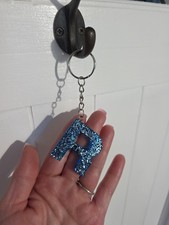 Initial New Block Letter R Resin Blue W Silver Sparkle Key Chain