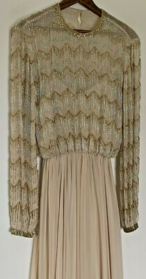 Vintage 70s Victoria Royal Gown Small S Cream Gold Chevron Beaded Maxi  Dress | eBay