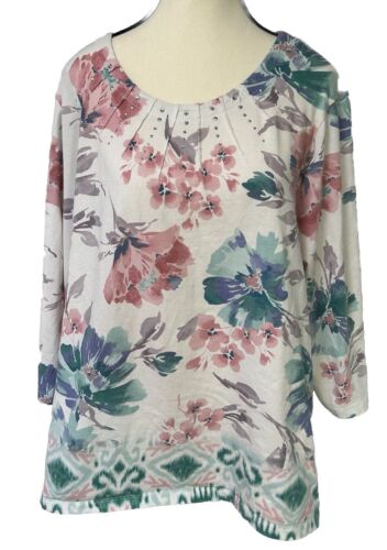 Alfred Dunner Women’s Plus Size 2XL White Green Purple Bling Flowers Spring B52