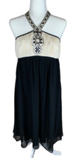 Women's Nine West Black Ivory Beaded Silk Halter Below Knee Dress Size 12