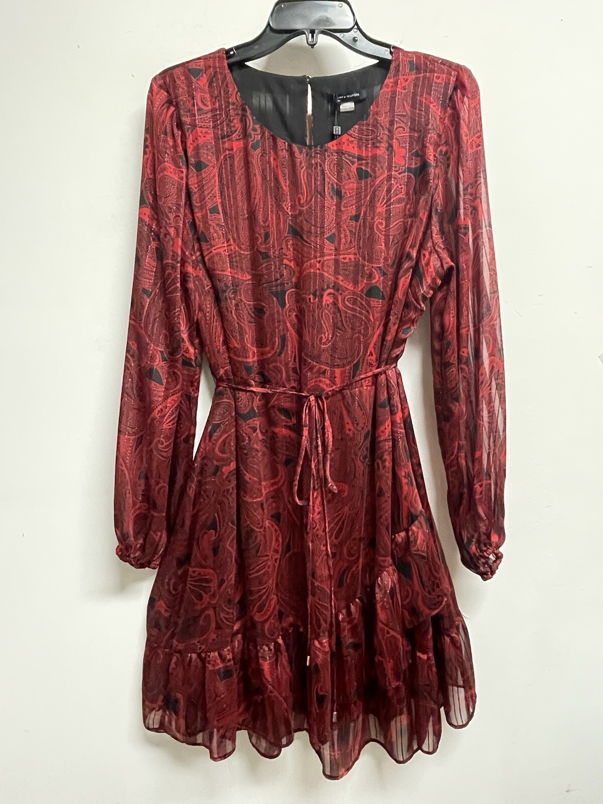 TOMMY HILFIGER Lined Red Paisley Tie Waist Metallic Thread Dress, NWT Women’s 14