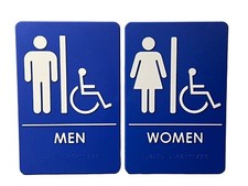 Set of Restroom Signs Men  Women 9" X 6" Blue with White Print ADA bin J 