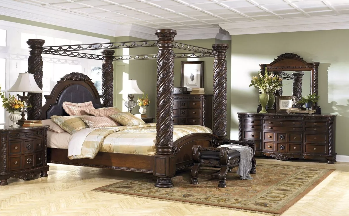 5 PC Canopy Bedroom Set Brown King Poster Bed Dresser Mirror 2