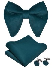  Mens Solid Plaid Velvet Pre-tied Adjustable Bow Tie and Pocket Teal Blue