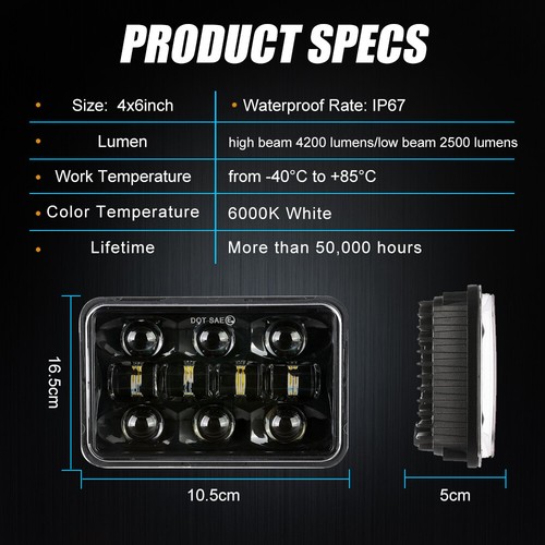 AUXBEAM DOT 4x6" LED Headlights Black Hi-Lo DRL For Chevy Camaro Pickup Truck - Picture 3 of 12