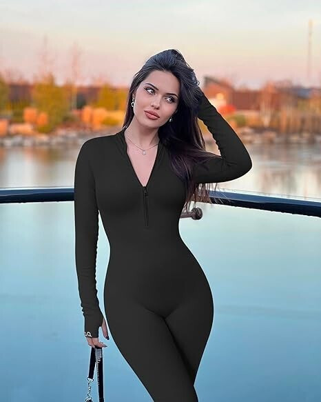 OQQ Women's Yoga Jumpsuit Black Size XL Ribbed Long Sleeve Zipper Front Workout