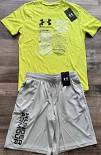 NWT Under Armour Boys YLG Yellow Green/Gray/Black Shorts Set Large
