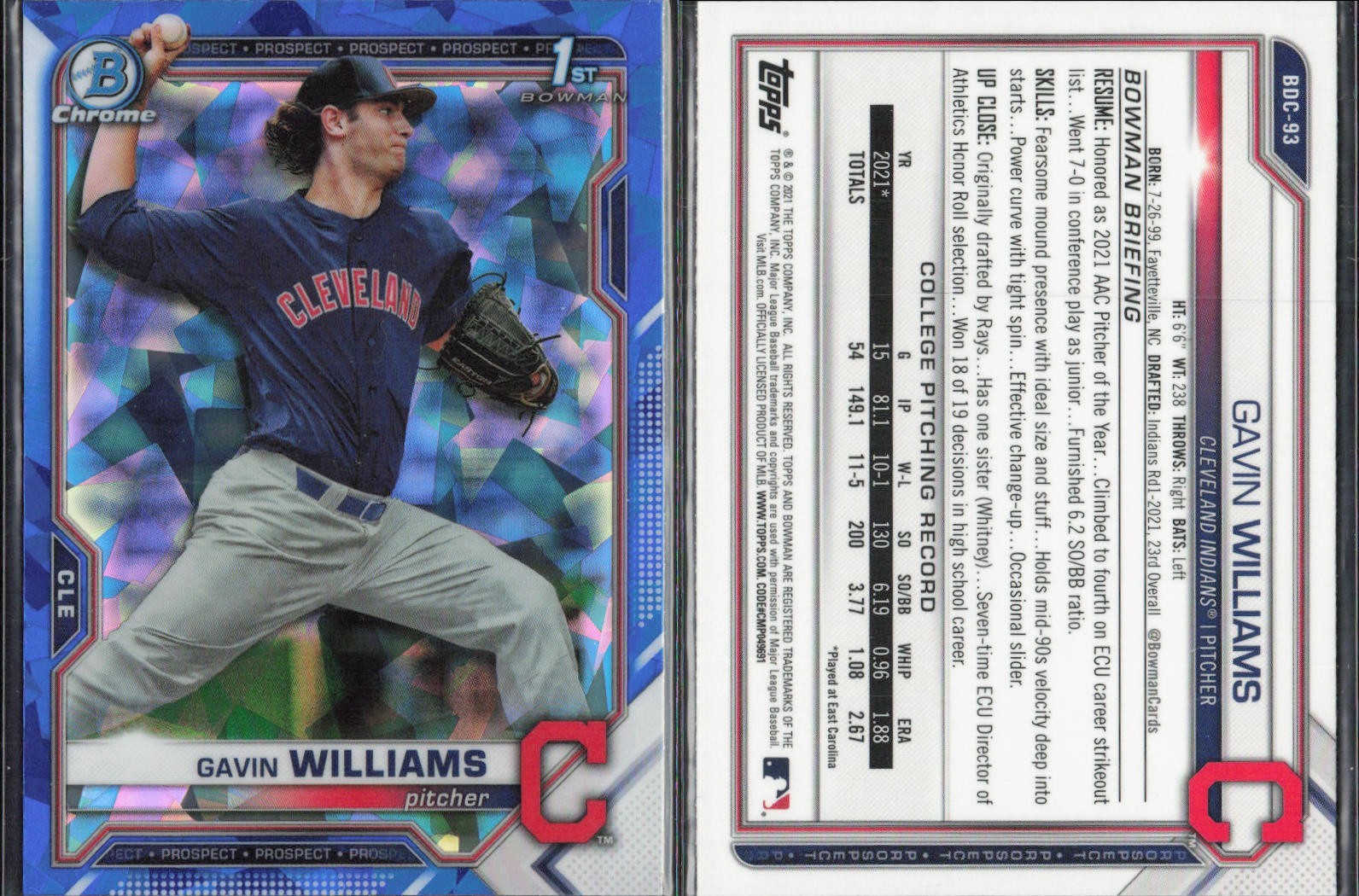 2021 Bowman Chrome Draft Sapphire #BDC93 Gavin Williams Cleveland Indians