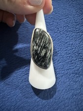 Vintage Sterling Silver 925 Large Black White Agate Statement Ring, Size 6.25