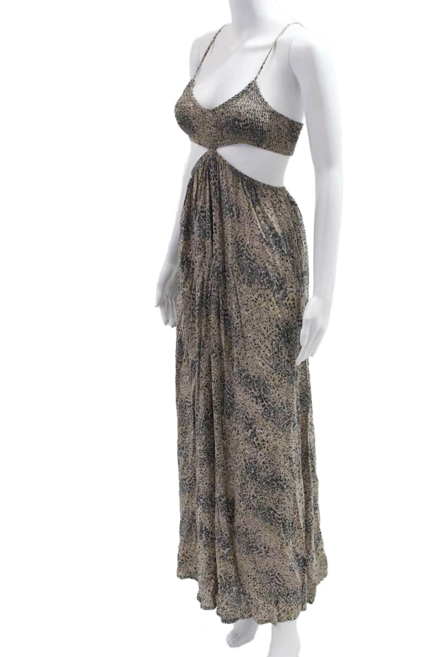 Indah 女式 Maxi Sundress 米色动物印花波西米亚无袖人造丝 XS 码 — 第 2/4 张图片