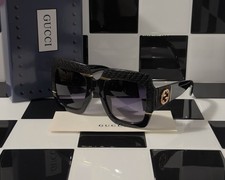 Gucci GG0484S Black Textured Square Sunglasses Gold GG Logo Ships Today