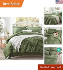 Microfiber Queen Comforter Set - Olive Green Seersucker for -Round Comfort