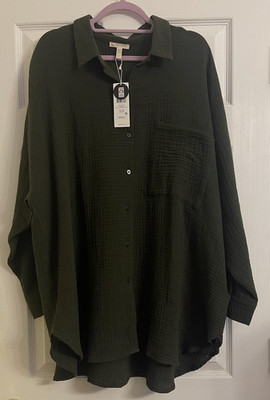 NWT $168Eileen Fisher Seaweed Organic Cotton Lofty Gauze Classic Collar Shirt 2X