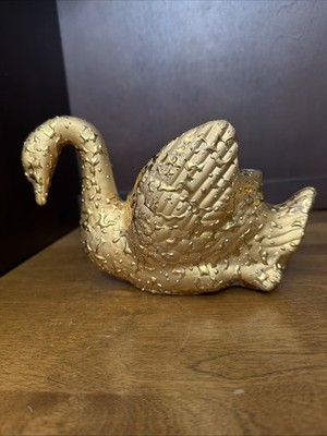 Weeping Bright Gold Swan Vase Trinket Dish Hand Decorated 22 K Vintage