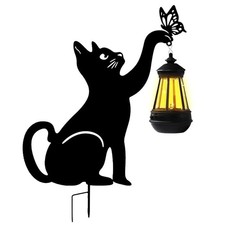 Solar-Powered Black Cat Garden Decor Stakes - Metal Silhouette Figurine for O...