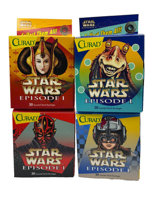 4x Vintage 1999 Star Wars Episode 1 Bandagen (CURAD), Komplettsatz, volle Boxen