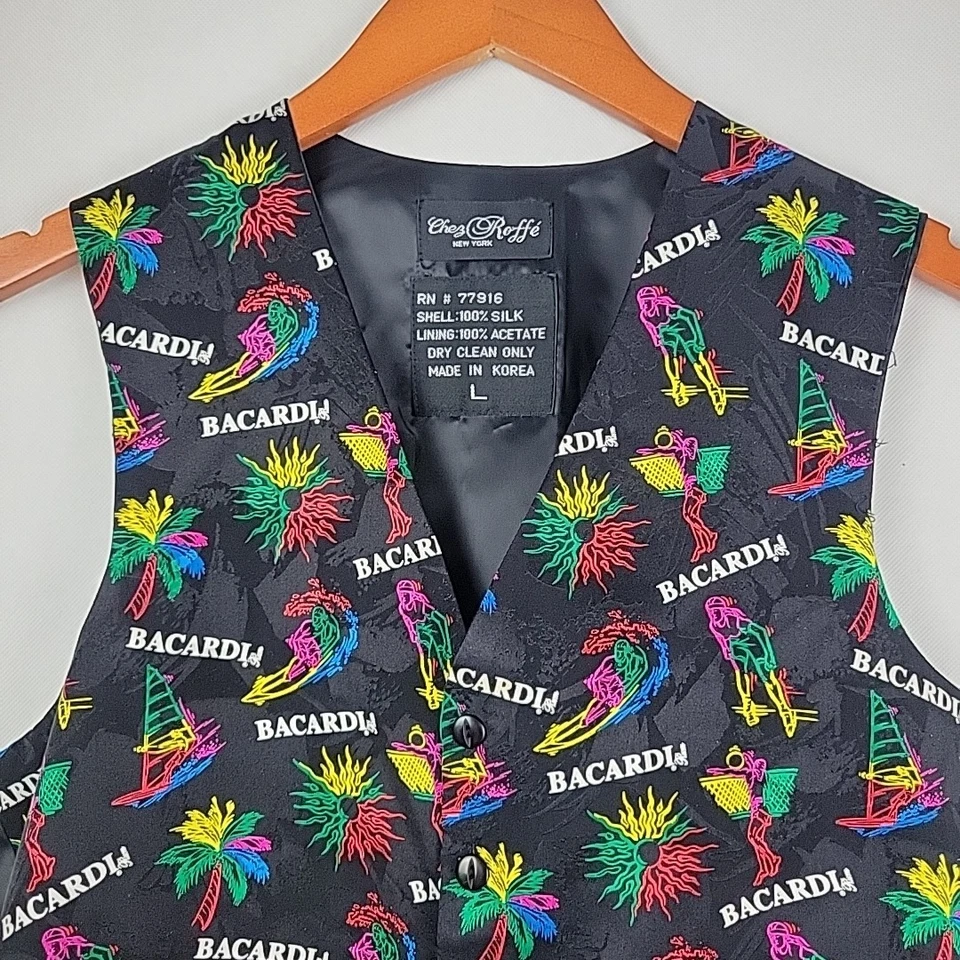 VTG Bacardi Rum Vest Silk Bartender 80's 90's Large Party Loud Waist Coat - Image 3 of 4