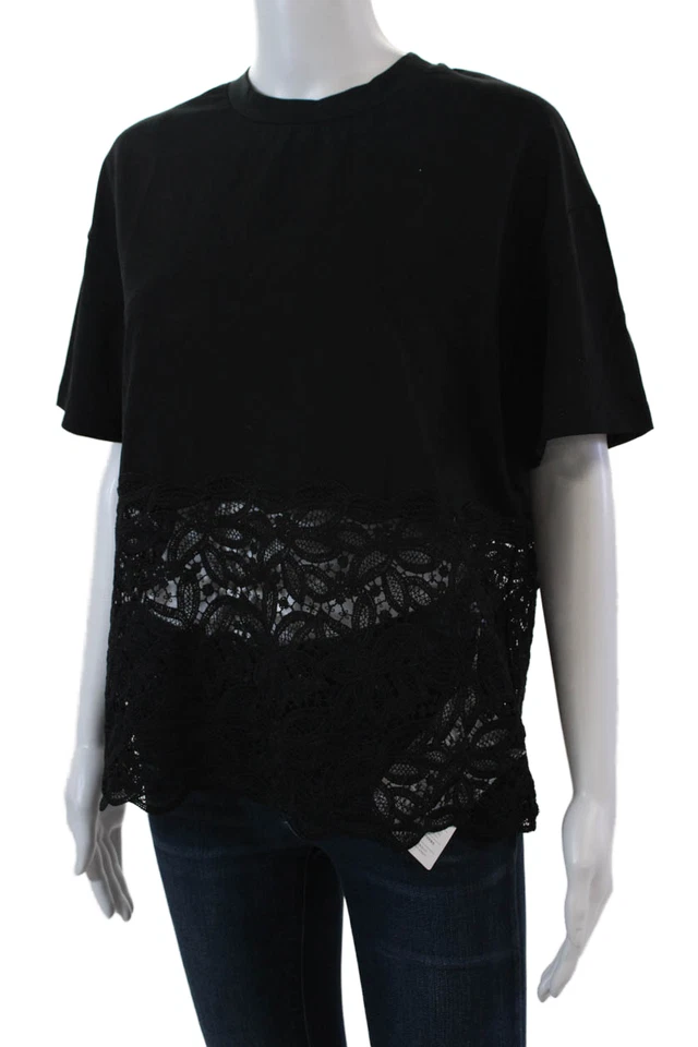 Blusa Top Alpha Studio Mujer Encaje Combo Cuello Redondo Manga Corta Negra Talla 40 Foto 2 de 4