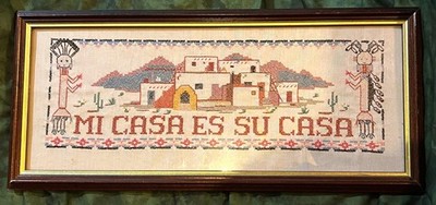 Completed Cross Stitch Needlework Mi Casa Es Su Casa Indian Kachinas YEI Dancers