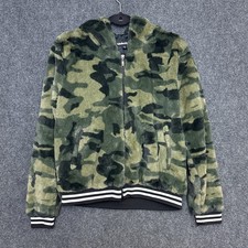 Camouflage Faux Fur Hooded Bomber Jacket Plush Soft Zip Front Green Black S/M