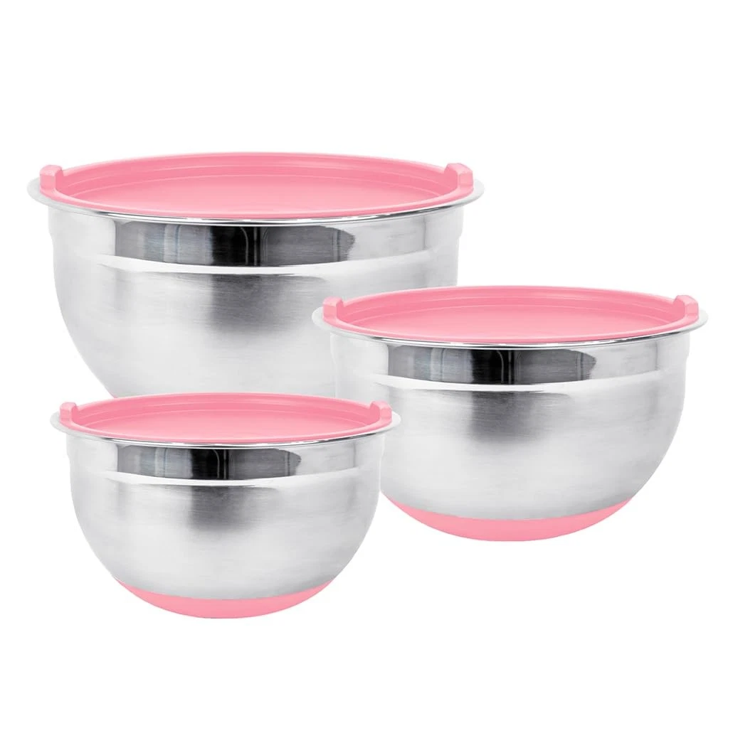 Stainless Steel Mixing Bowls with Lids and Non Slip Bases (Set of 3, Pink)