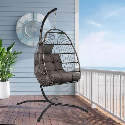 SWING Foldable Hanging Egg Chair Rattan Garden Hammock with Cushions Indoor Outdoor