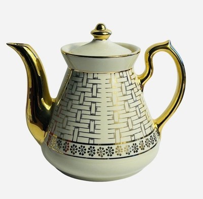 Vintage Hall White Gold Basket Weave Teapot 078 Philadelphia 7  Tall Porcelain