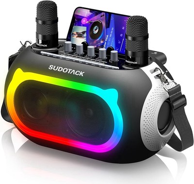 Portable LED Karaoke Machine Dual Wireless Mics, Bluetooth Speaker for Party
