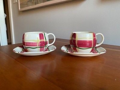 Set of 2 MCM Purinton Normandy Plaid Flat Cups and Saucers - EUC