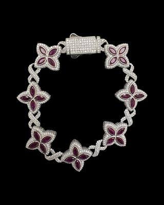 8 Zoll Rubin Floral Cluster Armband 925 Feinsilber