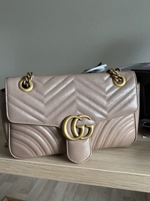 Gucci Marmont Schultertasche, Altrosa, Gold-Logo, Kette, 26x15x7 Cm