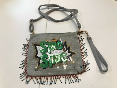 Stofftasche Damen im Hippiestil grau mit grünen Glitzer-Pailletten SPIC SPAC JEN