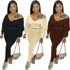 Lovely New Women Long Sleeves V Neck Patchwork Solid Causal Pants Set 2pcs